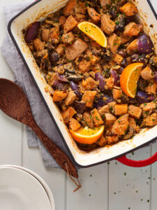 Overhead photo of butternut squash tray bake